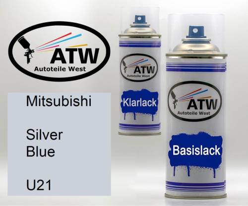 Mitsubishi, Silver Blue, U21: 400ml Sprühdose + 400ml Klarlack - Set, von ATW Autoteile West.